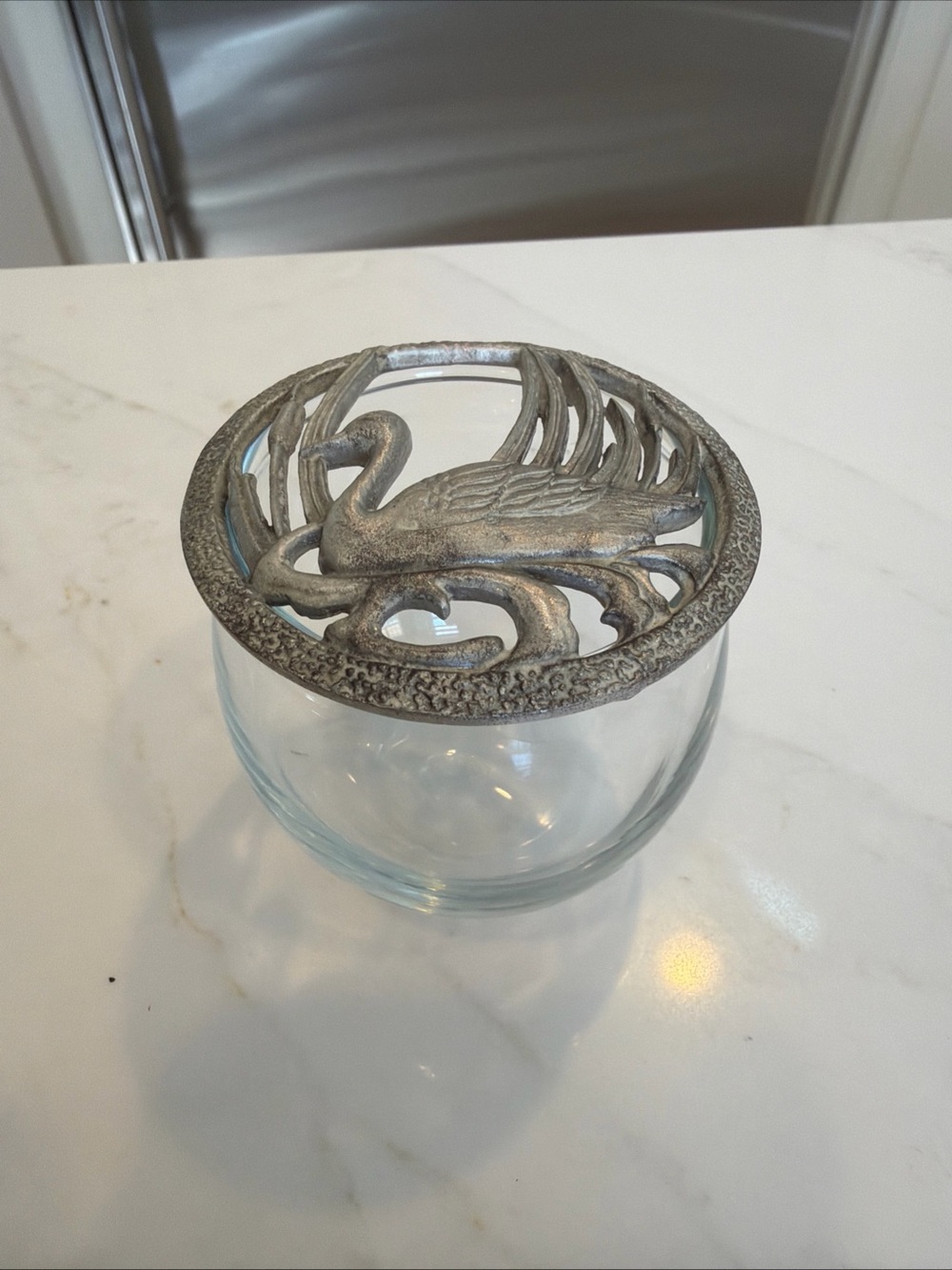 Vintage Swan Duck in Cattails Pewter lid Glass Potpourri Bowl